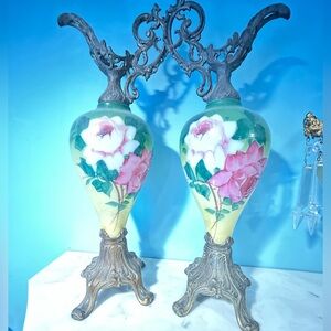 Antique Victorian hand painted mantel ewer pitcher rose